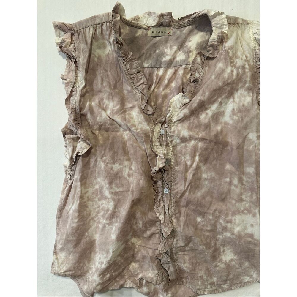 Stark X Tie Dye Ruffle Blouse Womens Sleeveless Boho Cotton Top Brown Beige Size